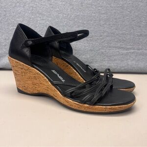 Teva Riviera Strappy‎ Sandals Cork Wedge Leather Black Women’s size 9